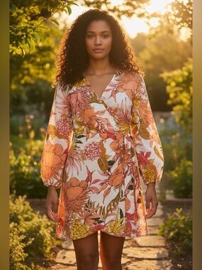 Express Floral Linen-Blend V-Neck Long Sleeve Tie Wrap Mini Sheath Dress size L